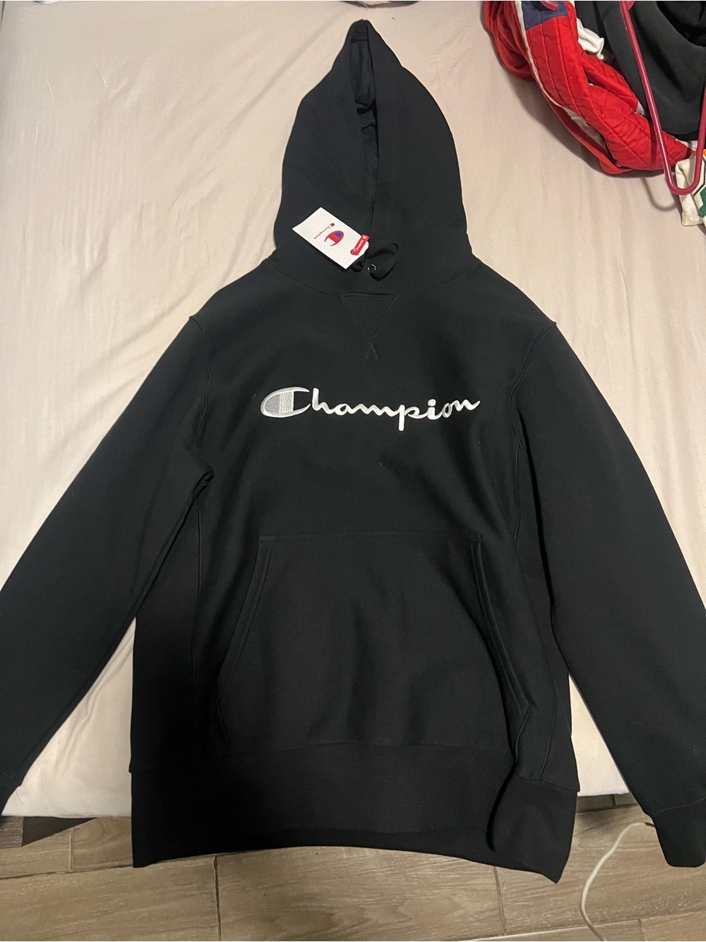 Champion Black Hoodie with White Script Logo